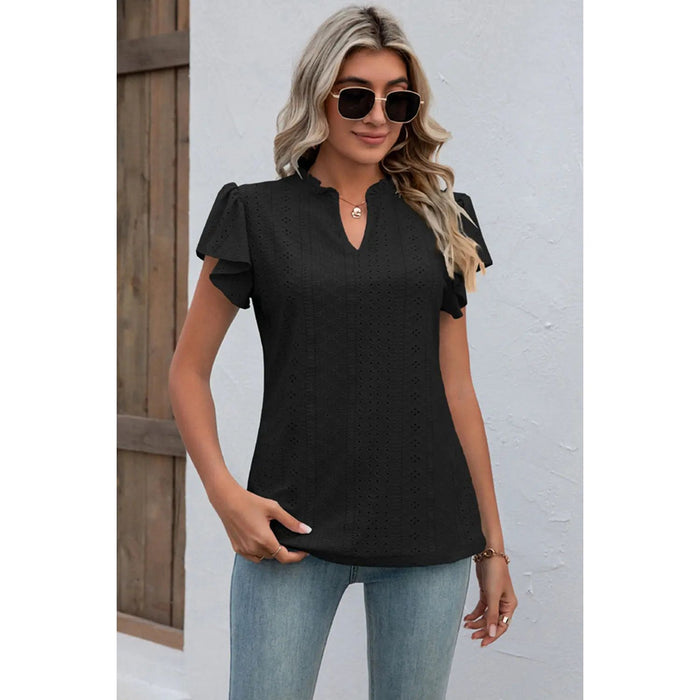 Eyelet Notched Flutter Sleeve T-Shirt