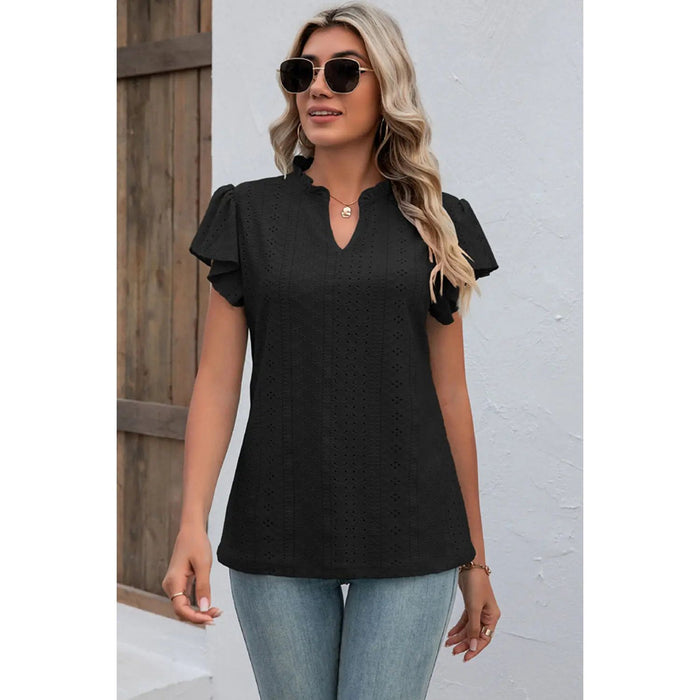 Eyelet Notched Flutter Sleeve T-Shirt