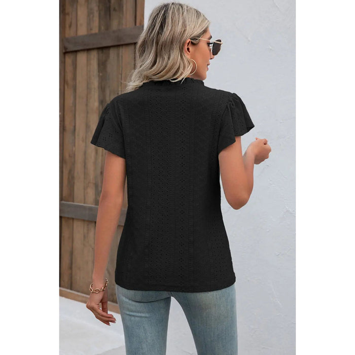 Eyelet Notched Flutter Sleeve T-Shirt