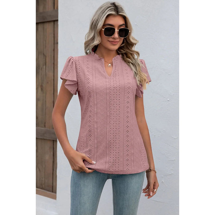 Eyelet Notched Flutter Sleeve T-Shirt