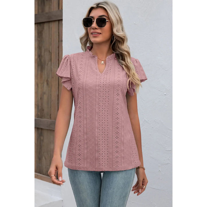 Eyelet Notched Flutter Sleeve T-Shirt