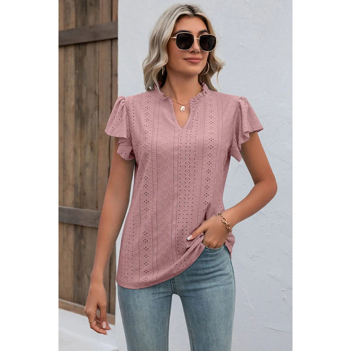 Eyelet Notched Flutter Sleeve T-Shirt