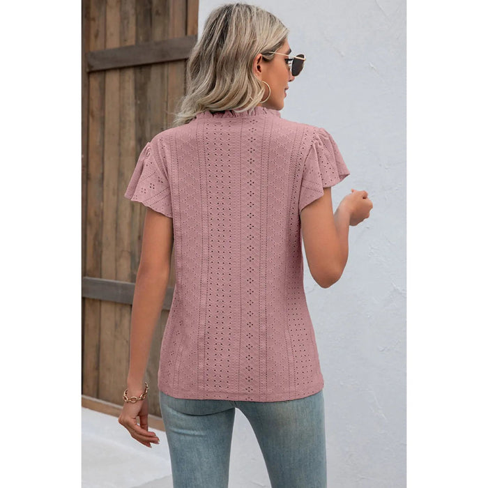 Eyelet Notched Flutter Sleeve T-Shirt