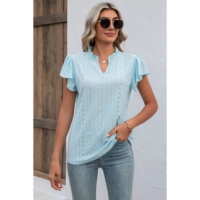 Eyelet Notched Flutter Sleeve T-Shirt