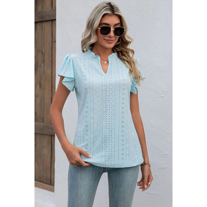 Eyelet Notched Flutter Sleeve T-Shirt