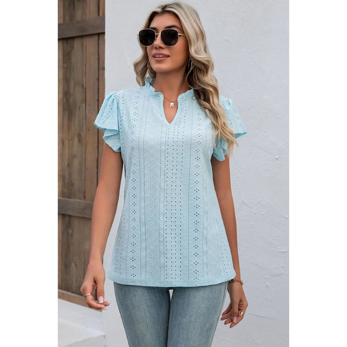 Eyelet Notched Flutter Sleeve T-Shirt