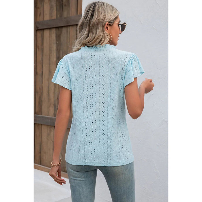 Eyelet Notched Flutter Sleeve T-Shirt