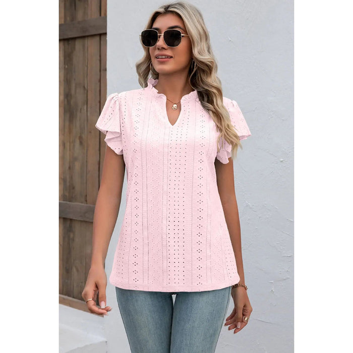 Eyelet Notched Flutter Sleeve T-Shirt