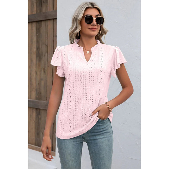 Eyelet Notched Flutter Sleeve T-Shirt