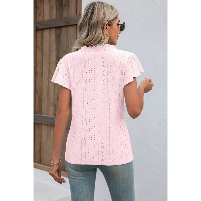 Eyelet Notched Flutter Sleeve T-Shirt