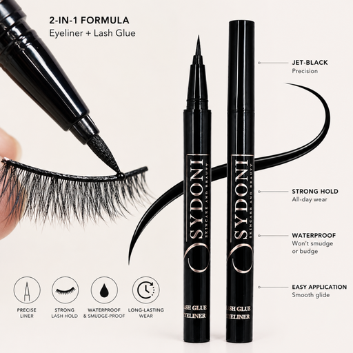 Sydoni Skincare and Beauty SYDONI LIQUID EYELINER & LASH GLUE IN ONE | Precision Liner + Strong Hold Net. Wt. 0.7 ml eyelash glue
