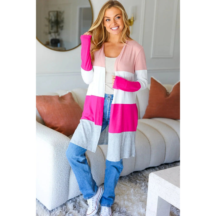 Face The Day Blush Wide Stripe Hacci Colorblock Cardigan