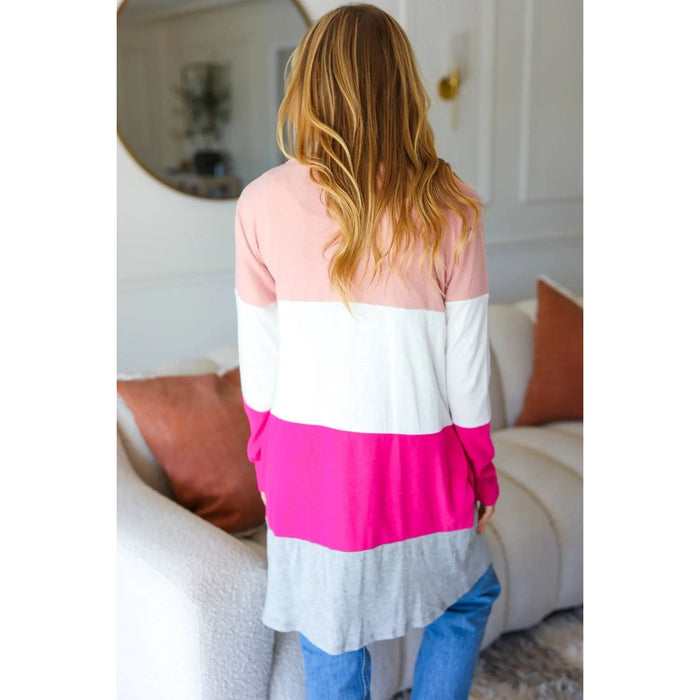 Face The Day Blush Wide Stripe Hacci Colorblock Cardigan