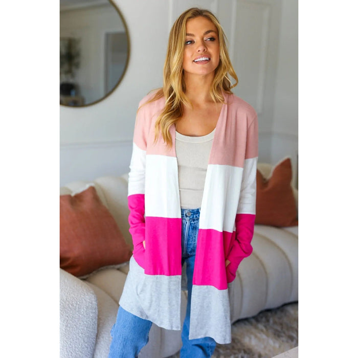 Face The Day Blush Wide Stripe Hacci Colorblock Cardigan