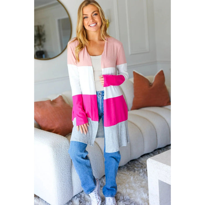 Face The Day Blush Wide Stripe Hacci Colorblock Cardigan