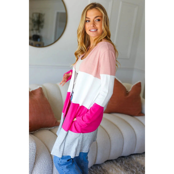 Face The Day Blush Wide Stripe Hacci Colorblock Cardigan