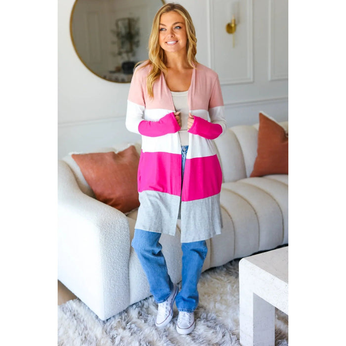 Face The Day Blush Wide Stripe Hacci Colorblock Cardigan