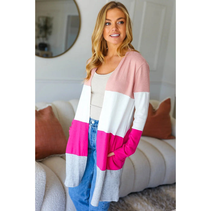 Face The Day Blush Wide Stripe Hacci Colorblock Cardigan