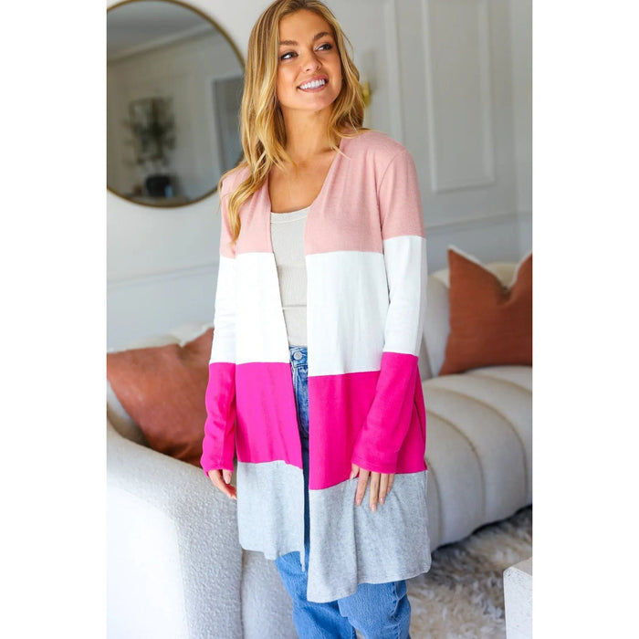 Face The Day Blush Wide Stripe Hacci Colorblock Cardigan