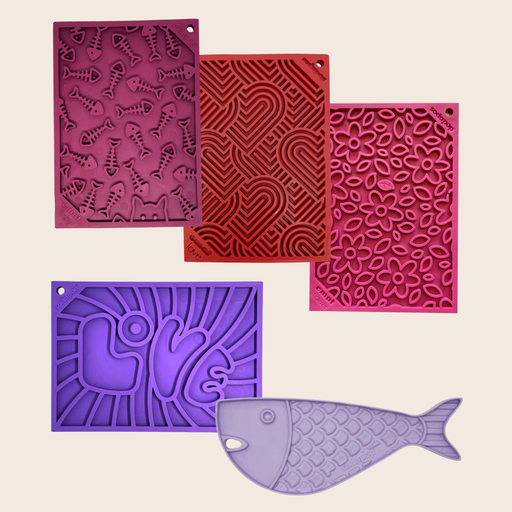 Farm To Pet Lick Mats for Cats and Small Dogs Lick Mat Misty Rose Maroon Fishbone,Pink Flower Power,Purple Goldfish,Purple Groovy,Red Hearts
