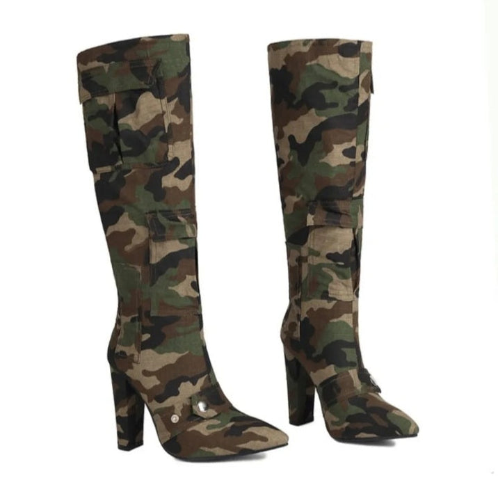 Fashionella Plus Size Military Design Autumn Winter High Chunky Heels Knee High Women Boots