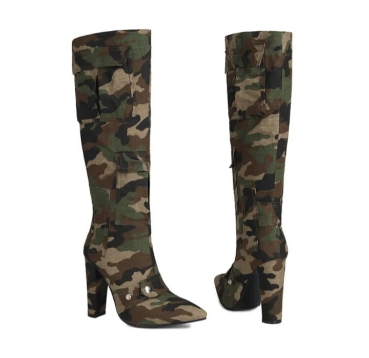 Fashionella Plus Size Military Design Autumn Winter High Chunky Heels Knee High Women Boots