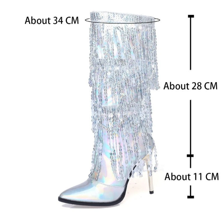 Pointed Toe Fringe Sequined Mid Calf Tassel Metallic Glitter Women's Boot