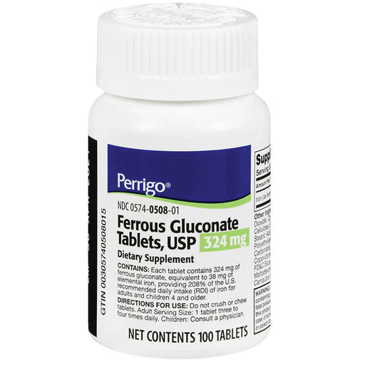 Perrigo Ferrous Gluconate Iron Supplement 324 mg - Gentle on Stomach, 100 Tablets Vitamins & Supplements