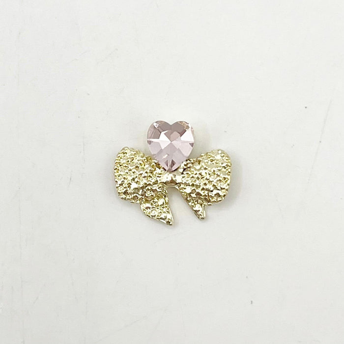 Queen - Nail Charms 10pc - #168 Gold Bows with Pink Heart Gem