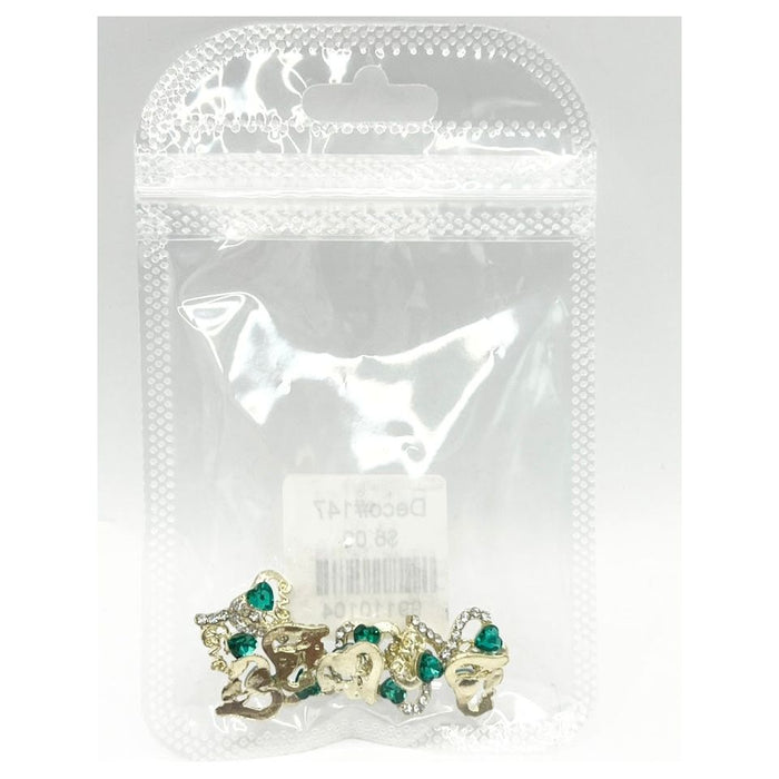 Queen - Nail Charms 10pc - #144 Gold Hearts with Clear and Green Crystals