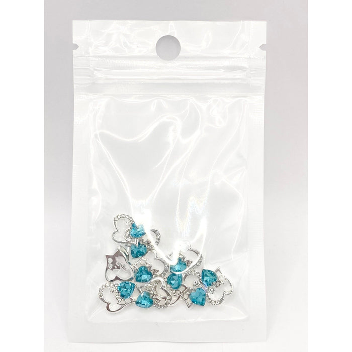 Queen - Nail Charms 10pc - #098 Silver "Love" Teal Crystal Hearts