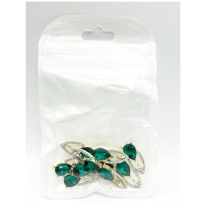 Queen - Nail Charms 10pc - #187 Gold Green Gem Fingernail Charms with Crystals Outline