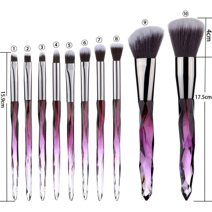 10 pc Crystal Glass Makeup Brush Set Purple