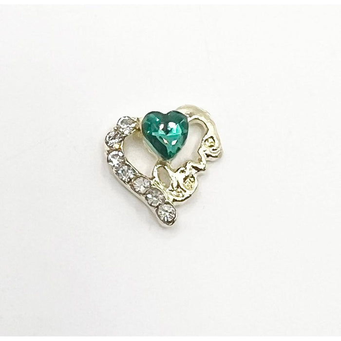 Queen - Nail Charms 10pc - #144 Gold Hearts with Clear and Green Crystals