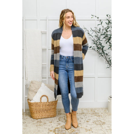 Fuzzy Longline Cardigan In Blue & Cocoa