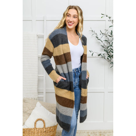 Fuzzy Longline Cardigan In Blue & Cocoa