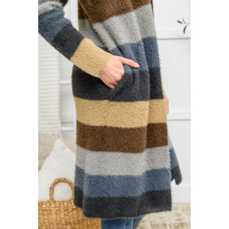 Fuzzy Longline Cardigan In Blue & Cocoa