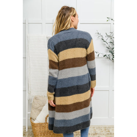 Fuzzy Longline Cardigan In Blue & Cocoa