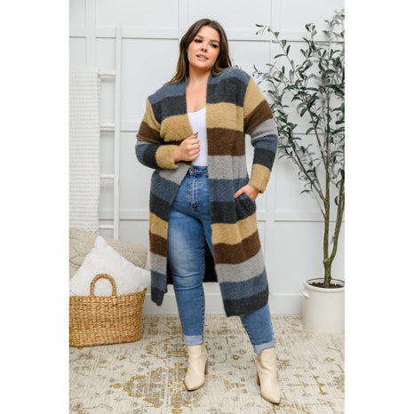 Fuzzy Longline Cardigan In Blue & Cocoa