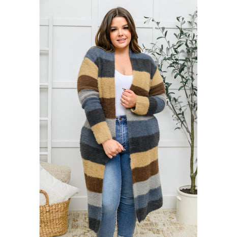 Fuzzy Longline Cardigan In Blue & Cocoa