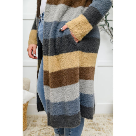 Fuzzy Longline Cardigan In Blue & Cocoa