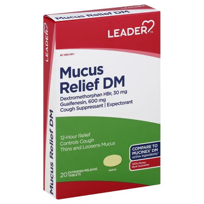Leader Mucus Relief DM, Extended-Release Tablets, 20 ct (Compare to Mucinex® DM)