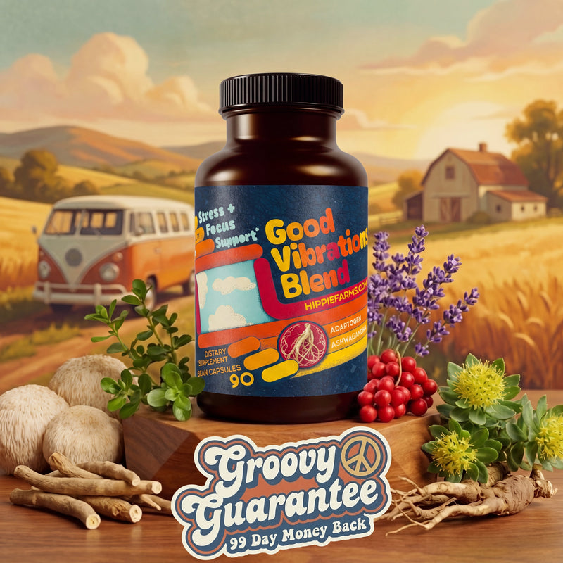 Hippie Farms Stress Support - Good Vibrations Blend - Ashwagandha, Lions Mane, & More Vitamins & Supplements Tan
