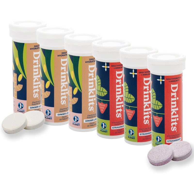 Drinklits Ginger-Lime Daily Hydration & Strawberry Daily Immune Support (6) Tube Combo Pack Hydration Electrolyte Tablets