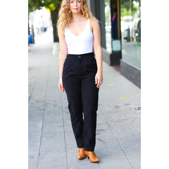 Zenana Going Your Way Black Corduroy High Rise Tapered Leg Pants