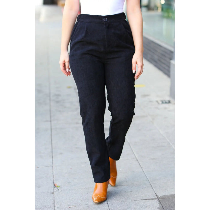 Zenana Going Your Way Black Corduroy High Rise Tapered Leg Pants