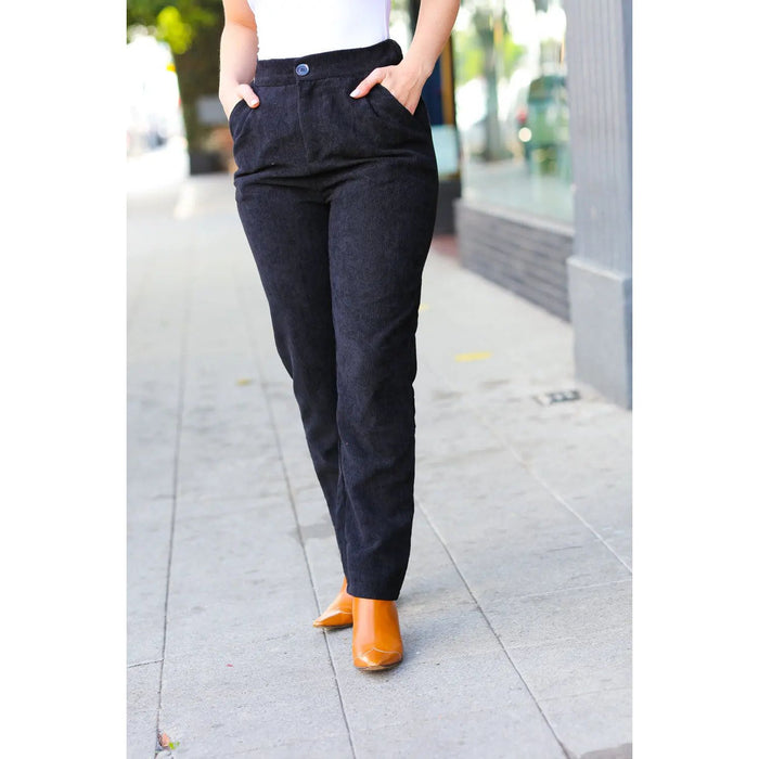 Zenana Going Your Way Black Corduroy High Rise Tapered Leg Pants