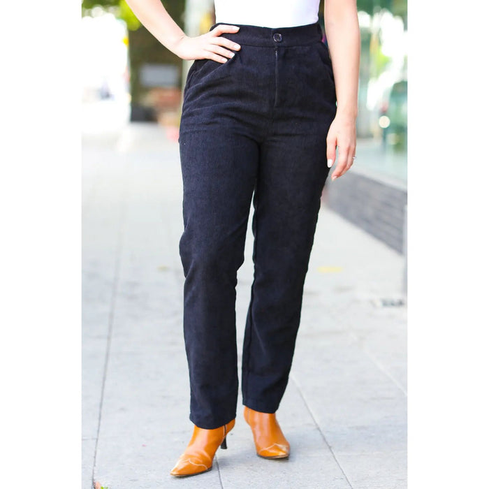 Zenana Going Your Way Black Corduroy High Rise Tapered Leg Pants