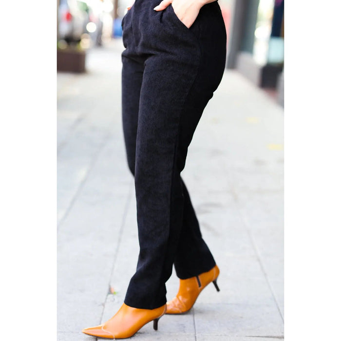 Zenana Going Your Way Black Corduroy High Rise Tapered Leg Pants