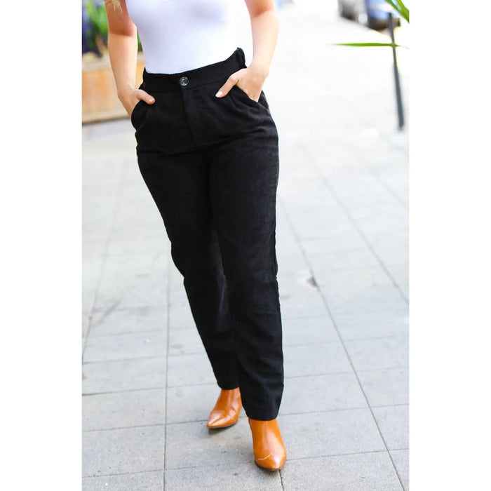 Zenana Going Your Way Black Corduroy High Rise Tapered Leg Pants